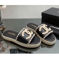 Unique Style Chanel Crochet CC Leather Flat Slide Sandals Black/Beige 403102