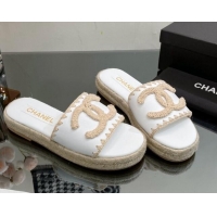 Luxury Chanel Crochet CC Leather Flat Slide Sandals White/Beige 403103