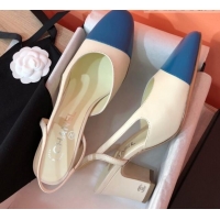 Good Quality Chanel Goatskin & Grosgrain Slingbacks Pumps 6.5cm Heel G31318 Beige/Blue