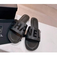 Best Grade Chanel Lambskin & Patent Calfskin Flat Slide Sandals Black 428118