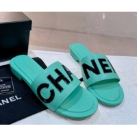 Discount Fashion Chanel Lambskin & Patent Calfskin Flat Slide Sandals Light Green 428119