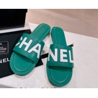 Best Price Chanel Lambskin & Patent Calfskin Flat Slide Sandals Green/White 428120