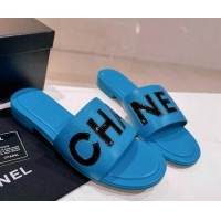 Best Grade Chanel Lambskin & Patent Calfskin Flat Slide Sandals Blue 428123