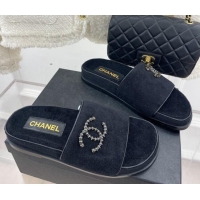 Top Grade Chanel Towel Cloth Flat Slide Sandals Black 428129