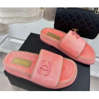 Best Grade Chanel Towel Cloth Flat Slide Sandals Peachy Pink 428130