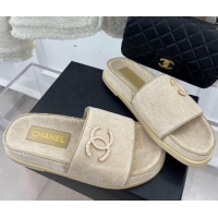 Best Price Chanel Towel Cloth Flat Slide Sandals Beige 428131