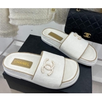 Good Looking Chanel Towel Cloth Flat Slide Sandals White 428132