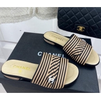 Popular Style Chanel Calfskin Braided Flat Slide Sandals Beige/Black Stripes 428134