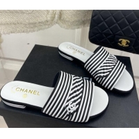 Sumptuous Chanel Calfskin Braided Flat Slide Sandals Black/White Stripes 428135