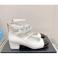 Luxurious Chanel Lambskin Mary Janes Pumps 4cm with Triple Buckle White 428136