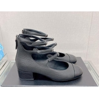 Unique Style Chanel Grained Calfskin Mary Janes Pumps 4cm with Triple Buckle Black 428139