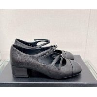 Good Quality Chanel Grained Calfskin Mary Janes Pumps 4cm with Double Buckle Black 428144