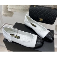 Good Taste Chanel Shiny Lambskin Ballerinas with Chain Ankle Strap G38986 White/Black