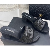 Good Product Chanel CC Tweed Heel Slide Sandals 5cm Black 428149