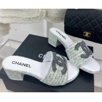 Best Price Chanel CC Tweed Heel Slide Sandals 5cm Green 428150