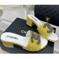 Popular Style Chanel CC Tweed Heel Slide Sandals 5cm Yellow 428151