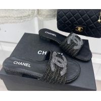 Low Cost Chanel CC Tweed Flat Slide Sandals Black 428153