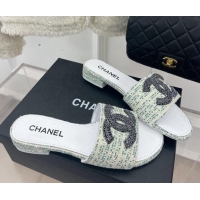 Good Looking Chanel CC Tweed Flat Slide Sandals Green 428154