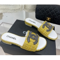 Top Grade Chanel CC Tweed Flat Slide Sandals Yellow 428155