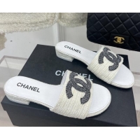 Good Quality Chanel CC Tweed Flat Slide Sandals White 428156