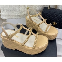 Classic Hot Chanel Calfskin Wedge Sandals with Chain 7.5cm Beige 504087