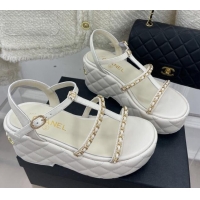 Luxurious Chanel Calfskin Wedge Sandals with Chain 7.5cm White 504088