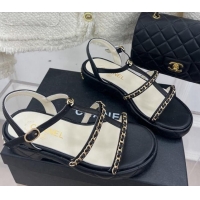 Good Product Chanel Calfskin Wedge Sandals with Chain 3cm Black 504089