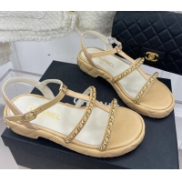 Classic Hot Chanel Calfskin Wedge Sandals with Chain 3cm Apricot 504090