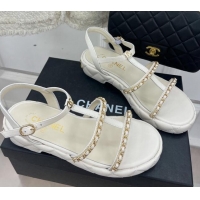 Best Grade Chanel Calfskin Wedge Sandals with Chain 3cm White 504091