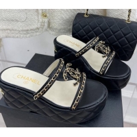 Pretty Style Chanel Lambskin Wedge Slide Sandals 7.5cm with Chain CC Black 505001