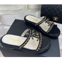 Purchase Chanel Lambskin Wedge Slide Sandals 3cm with Chain CC Black 505004