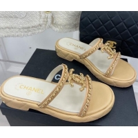 Best Price Chanel Lambskin Wedge Slide Sandals 3cm with Chain CC Beige 505005