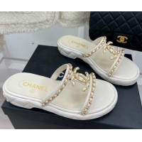 Good Quality Chanel Lambskin Wedge Slide Sandals 3cm with Chain CC White 505006