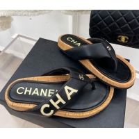 Grade Quality Chanel Calfskin Flat Thong Slide Sandals Black 505007