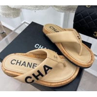 Perfect Chanel Calfskin Flat Thong Slide Sandals Beige 505008