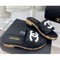 Pretty Style Chanel Calfskin Heel Slide Sandals 4cm with Quilted Sole Black 505010