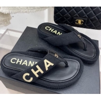 Classic Hot Chanel Tweed Flat Thong Slide Sandals Black 505012