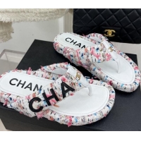 Best Grade Chanel Tweed Flat Thong Slide Sandals White/Pink 505014