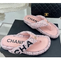 Top Grade Chanel Tweed Flat Thong Slide Sandals Light Pink 505015