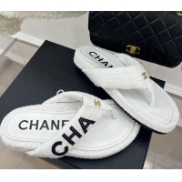 Charming Chanel Tweed Flat Thong Slide Sandals White 505016