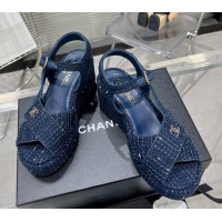 Best Price Chanel Striped Cotton Tweed Wedge Platform Sandals 5cm G39918 Blue