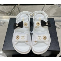 Top Quality Chanel Calfskin Strap Flat Sandals with Bow and Pearls G40138 White