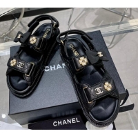 Top Grade Chanel Calfskin Strap Flat Sandals with Bow and Pearls G40138 Black