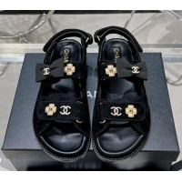 Discount Chanel Suede Strap Flat Sandals with Bow and Pearls G40138 Black