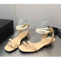 Grade Quality Chanel Heel Sandals with Pearls Ankle Strap Beige 505027