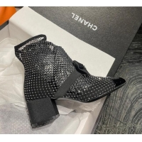 Sophisticated Chanel Crystal Mesh & Patent Leather Heel Ankle Boots 5.5cm with Bow Black/Crystal 505033