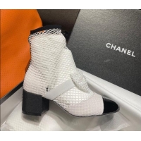 Best Grade Chanel Crystal Mesh & Patent Leather Heel Ankle Boots 5.5cm with Bow White 505034