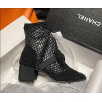 Unique Style Chanel Crystal Mesh & Patent Leather Heel Ankle Boots 5.5cm with Bow Black 505035