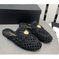 Perfect Chanel Crochet Flat Slide Sandals with Heart Charm Black 505042