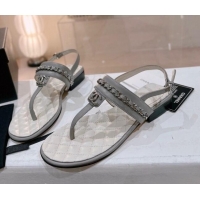 Good Product Chanel Calfskin Flat Thong Sandals with Chain Grey 505048